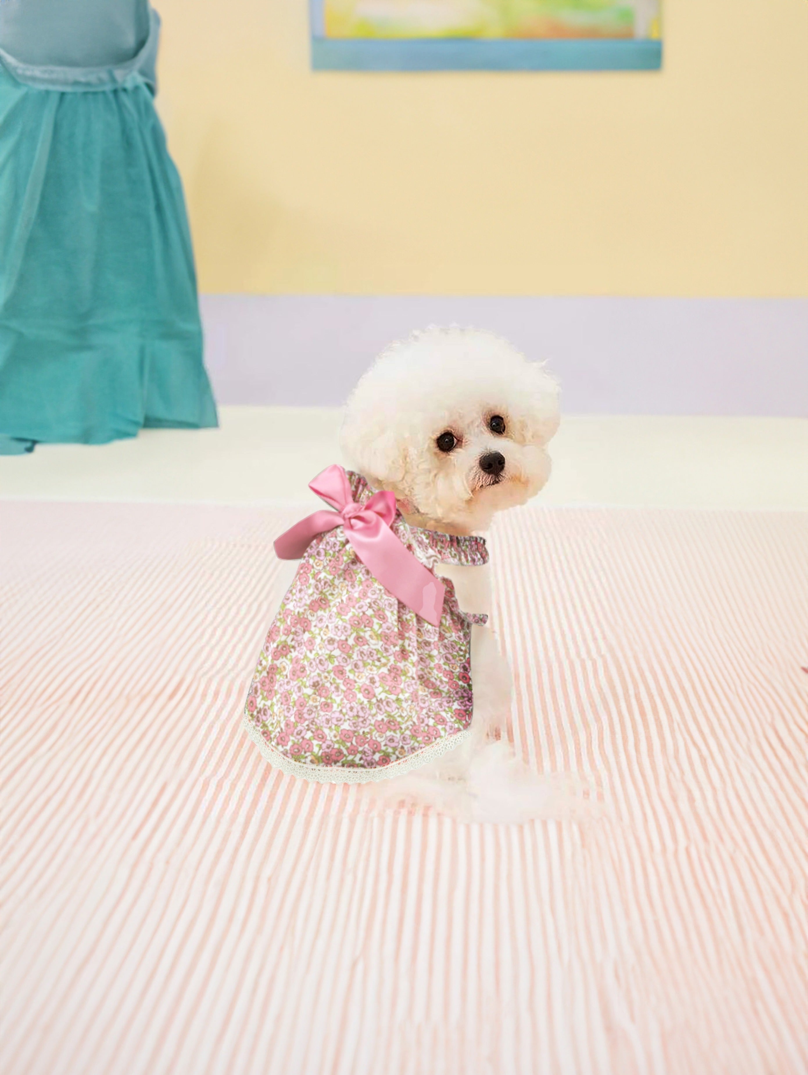 Dog Floral Satin Bow Dress