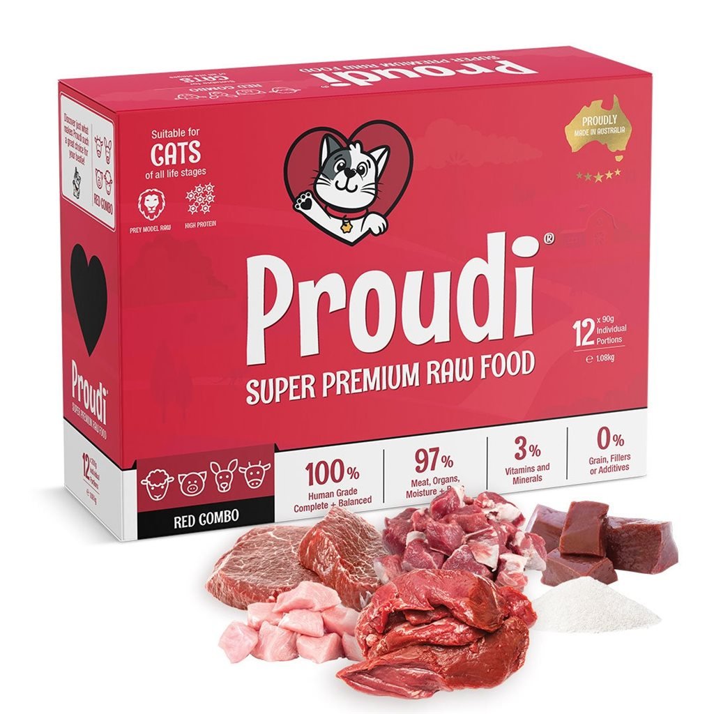 12 盒優惠套裝 -Proudi 急凍貓生肉糧 - 紅肉四寶配方 1.08kg~需預訂