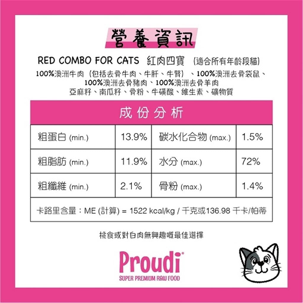 12 盒優惠套裝 - Proudi 急凍貓生肉糧 - 紅肉四寶配方 1.08kg~需預訂 - 幸福站