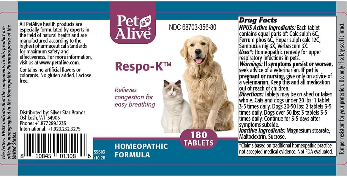 PetAlive - Respo-K for Colds or Respiratory Infections 180 Tablets