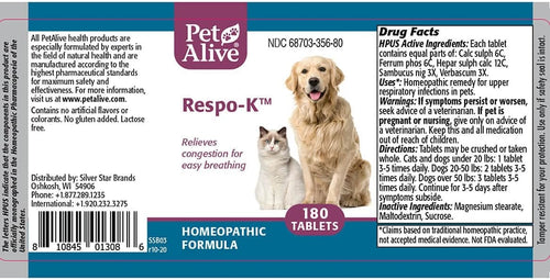 PetAlive - Respo-K for Colds or Respiratory Infections 180 Tablets