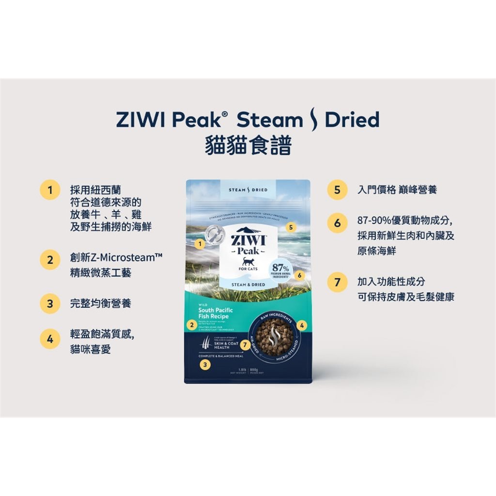 ZiwiPeak 無穀物 微蒸風乾貓糧 - Grass-Fed Beef 草飼牛肉配南藍鱈魚